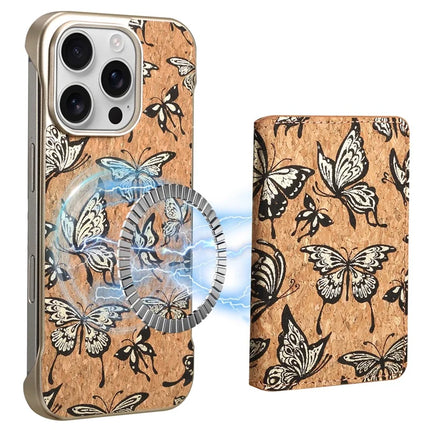 For iPhone 16 Pro Magnetic Case Compatible with MagSafe Pattern Print PU + PC Phone Cover with Card Holder - Gold Butterfly