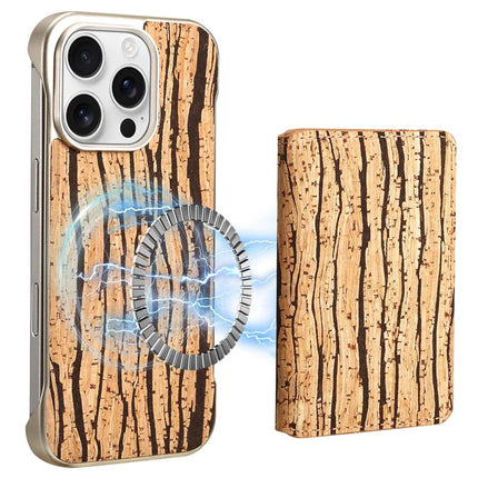 For iPhone 16 Pro Magnetic Case Compatible with MagSafe Pattern Print PU + PC Phone Cover with Card Holder - Wood Grain Yellow