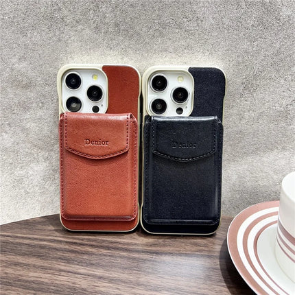 DENIOR For iPhone 16 Pro Magnetic Case Genuine Cow Leather PC Kickstand Phone Cover with Card Holder