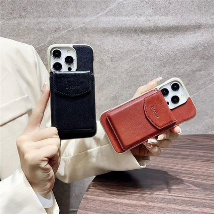 DENIOR For iPhone 16 Pro Magnetic Case Genuine Cow Leather PC Kickstand Phone Cover with Card Holder