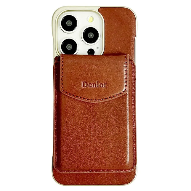 DENIOR For iPhone 16 Pro Max Magnetic Case Genuine Cow Leather PC Kickstand Phone Cover with Card Holder - Red