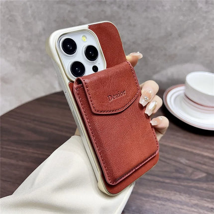 DENIOR For iPhone 16 Pro Max Magnetic Case Genuine Cow Leather PC Kickstand Phone Cover with Card Holder
