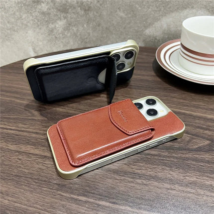 DENIOR For iPhone 16 Pro Max Magnetic Case Genuine Cow Leather PC Kickstand Phone Cover with Card Holder