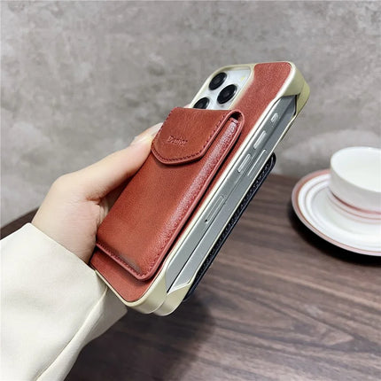 DENIOR For iPhone 16 Pro Max Magnetic Case Genuine Cow Leather PC Kickstand Phone Cover with Card Holder