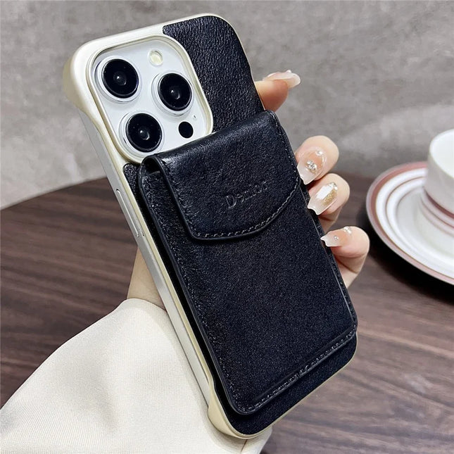 DENIOR For iPhone 16 Pro Max Magnetic Case Genuine Cow Leather PC Kickstand Phone Cover with Card Holder - Black