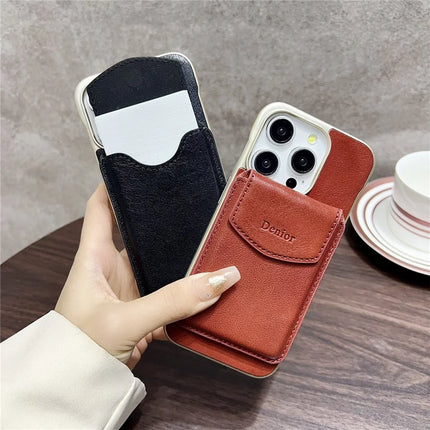 DENIOR For iPhone 16 Pro Max Magnetic Case Genuine Cow Leather PC Kickstand Phone Cover with Card Holder