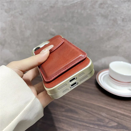 DENIOR For iPhone 16 Pro Max Magnetic Case Genuine Cow Leather PC Kickstand Phone Cover with Card Holder