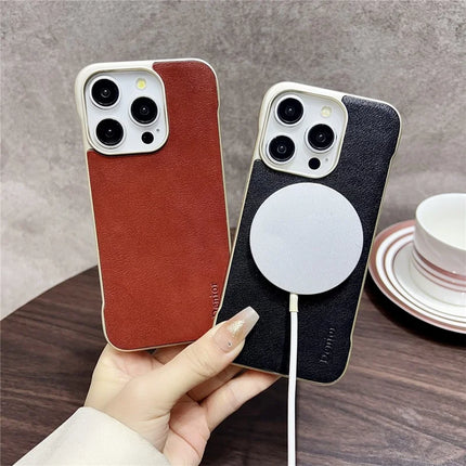 DENIOR For iPhone 16 Pro Max Magnetic Case Genuine Cow Leather PC Kickstand Phone Cover with Card Holder