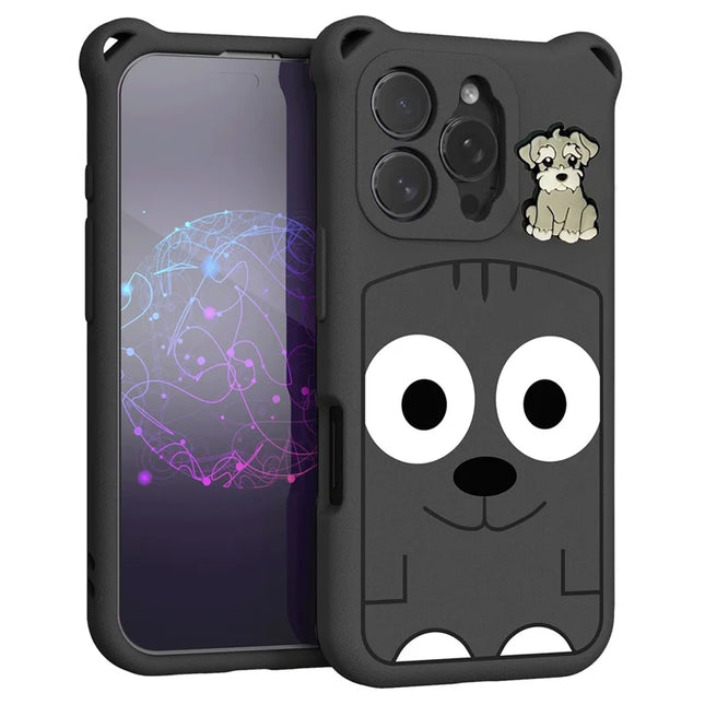 For iPhone 16 Pro Max Case Cartoon Dog EVA Anti Drop Phone Cover with Camera Lens Cover - Black