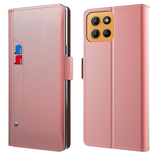 For Motorola Moto G15 4G Case Stand PU Leather Phone Cover Card Holder Mirror - Rose Gold
