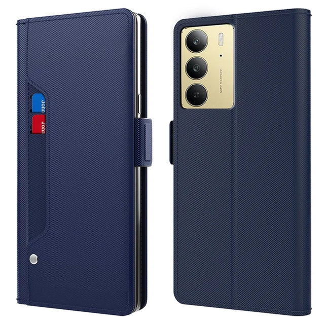 For Realme C75 Case Stand PU Leather Phone Cover Card Holder Mirror - Blue