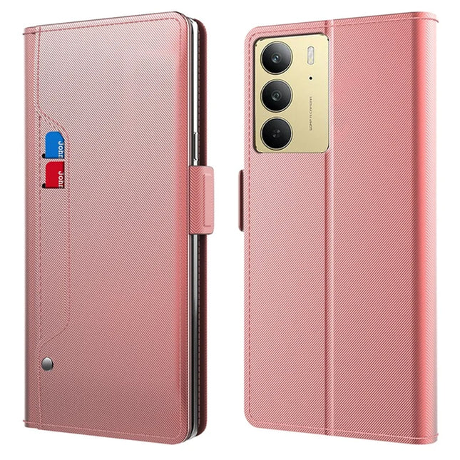For Realme C75 Case Stand PU Leather Phone Cover Card Holder Mirror - Rose Gold