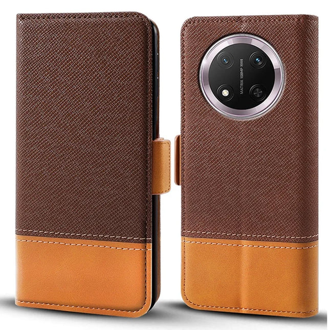 Phone Case for Honor Magic7 Lite 5G / X9c 5G / X60 Pro 5G Color Splicing PU Leather Wallet Phone Cover - Brown