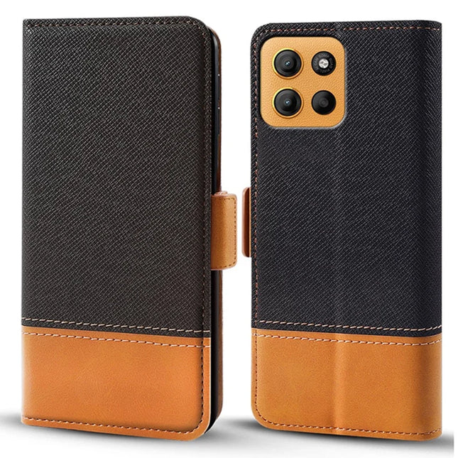 For Motorola Moto G15 4G Case Color Splicing PU Leather Wallet Phone Cover - Black