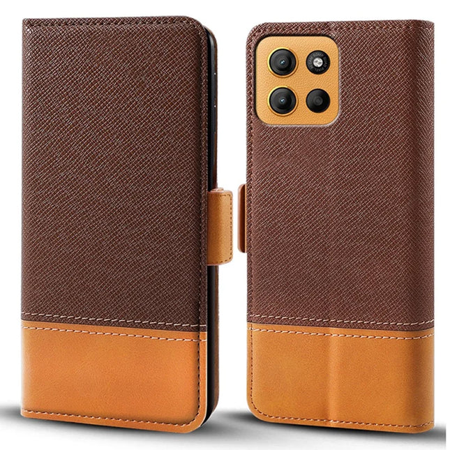 For Motorola Moto G15 4G Case Color Splicing PU Leather Wallet Phone Cover - Brown