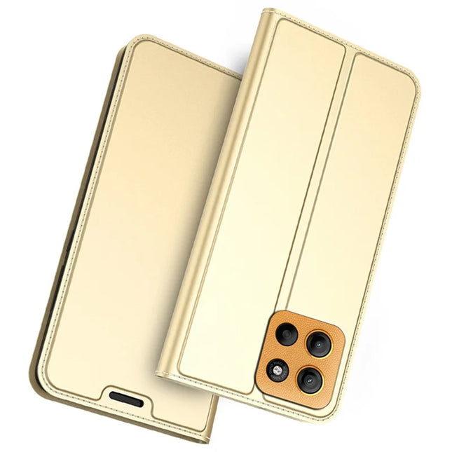For Motorola Moto G15 4G Case PU Leather Phone Cover with Card Holder Stand Magnetic Closure - Gold