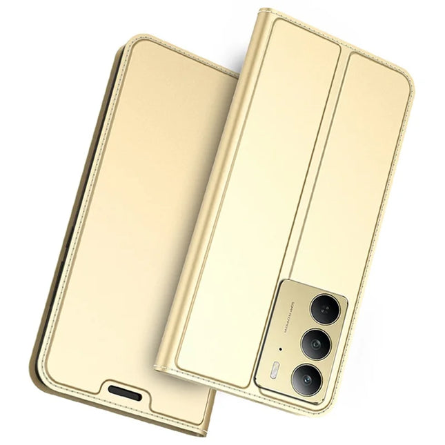 For Realme C75 Case PU Leather Phone Cover with Card Holder Stand Magnetic Closure - Gold