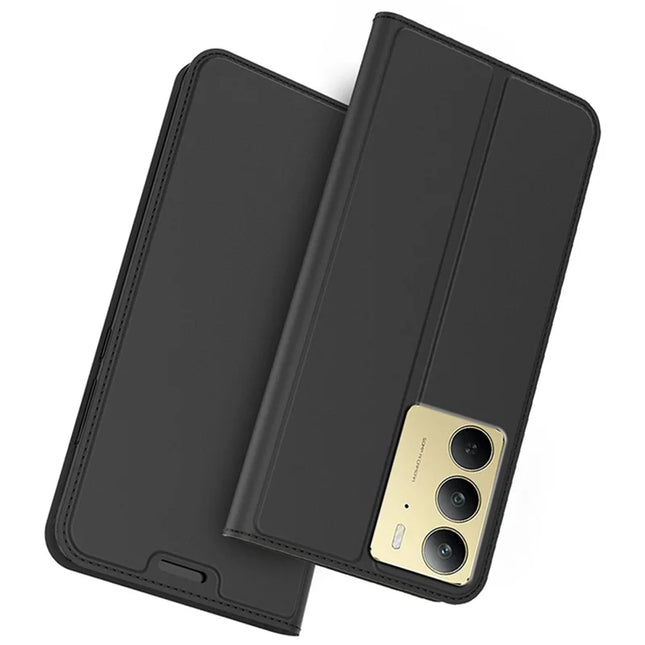 For Realme C75 Case PU Leather Phone Cover with Card Holder Stand Magnetic Closure - Black