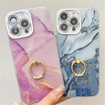 For iPhone 16 Pro Max Case with Kickstand IMD Marble Pattern Electroplated Phone Cover