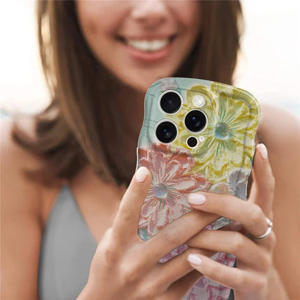 For iPhone 16 Pro Case Curly Wave Frame Floral IMD TPU Phone Cover