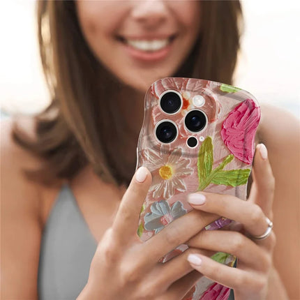 For iPhone 16 Pro Case Curly Wave Frame Floral IMD TPU Phone Cover