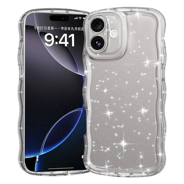 GW35 For iPhone 16 Plus Case Wavy Edge Transparent Glitter TPU Anti Drop Phone Cover