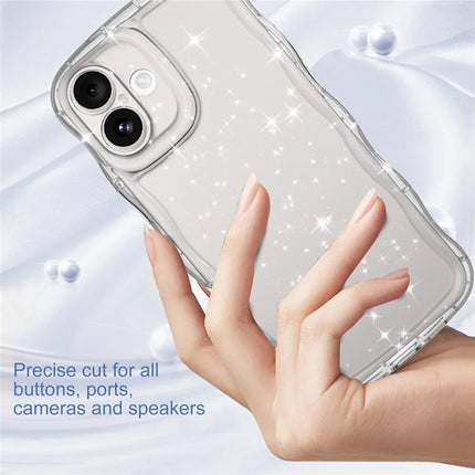 GW35 For iPhone 16 Plus Case Wavy Edge Transparent Glitter TPU Anti Drop Phone Cover