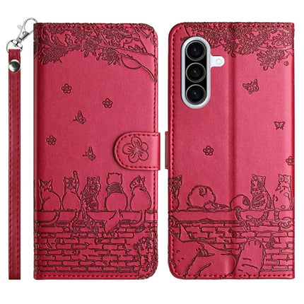 For Samsung Galaxy A56 5G  /  A36 5G Case with Wrist Strap Leather Phone Cover Wall Cats Pattern - Red