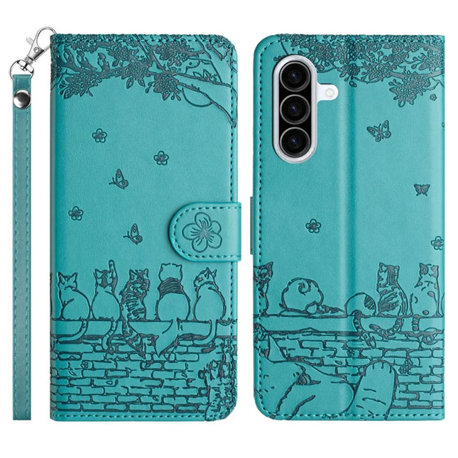 For Samsung Galaxy A56 5G  /  A36 5G Case with Wrist Strap Leather Phone Cover Wall Cats Pattern - Blue
