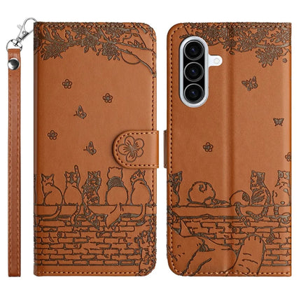 For Samsung Galaxy A56 5G  /  A36 5G Case with Wrist Strap Leather Phone Cover Wall Cats Pattern - Brown