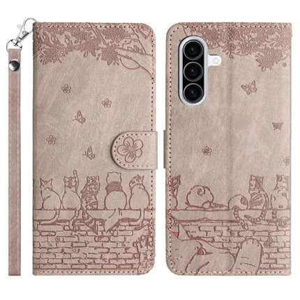 For Samsung Galaxy A56 5G  /  A36 5G Case with Wrist Strap Leather Phone Cover Wall Cats Pattern - Smoky Purple