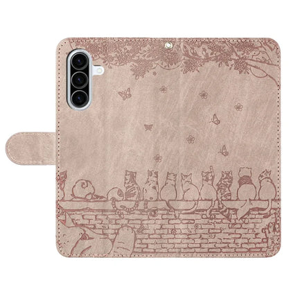 For Samsung Galaxy A56 5G  /  A36 5G Case with Wrist Strap Leather Phone Cover Wall Cats Pattern