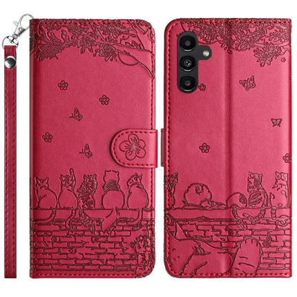 For Samsung Galaxy A26 5G Case with Wrist Strap Leather Phone Cover Wall Cats Pattern - Red