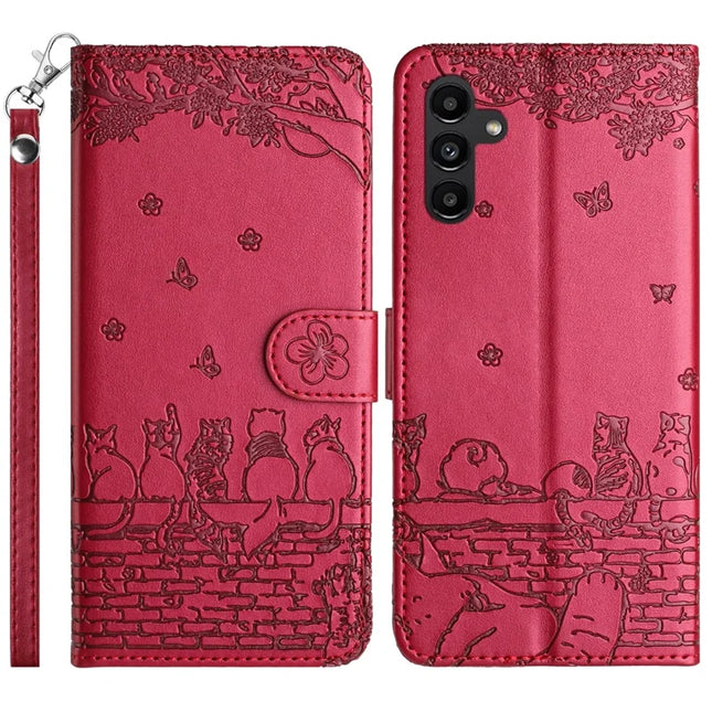 For Samsung Galaxy A26 5G Case with Wrist Strap Leather Phone Cover Wall Cats Pattern - Red
