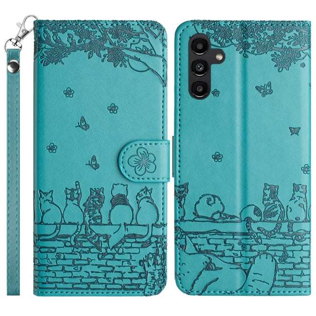 For Samsung Galaxy A26 5G Case with Wrist Strap Leather Phone Cover Wall Cats Pattern - Blue