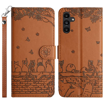 For Samsung Galaxy A26 5G Case with Wrist Strap Leather Phone Cover Wall Cats Pattern - Brown