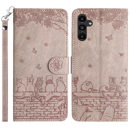 For Samsung Galaxy A26 5G Case with Wrist Strap Leather Phone Cover Wall Cats Pattern - Smoky Purple