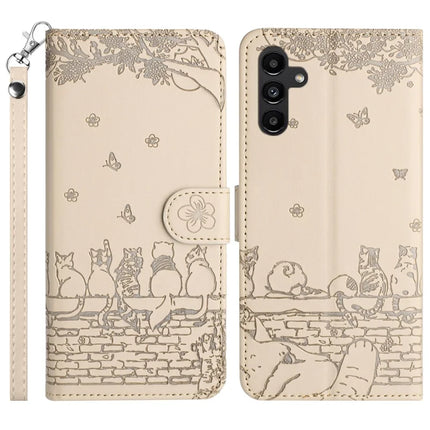 For Samsung Galaxy A26 5G Case with Wrist Strap Leather Phone Cover Wall Cats Pattern - Apricot