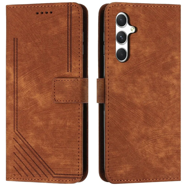 For Samsung Galaxy A36 5G Case Imprinted Lines Leather Phone Cover Folding Stand - Brown