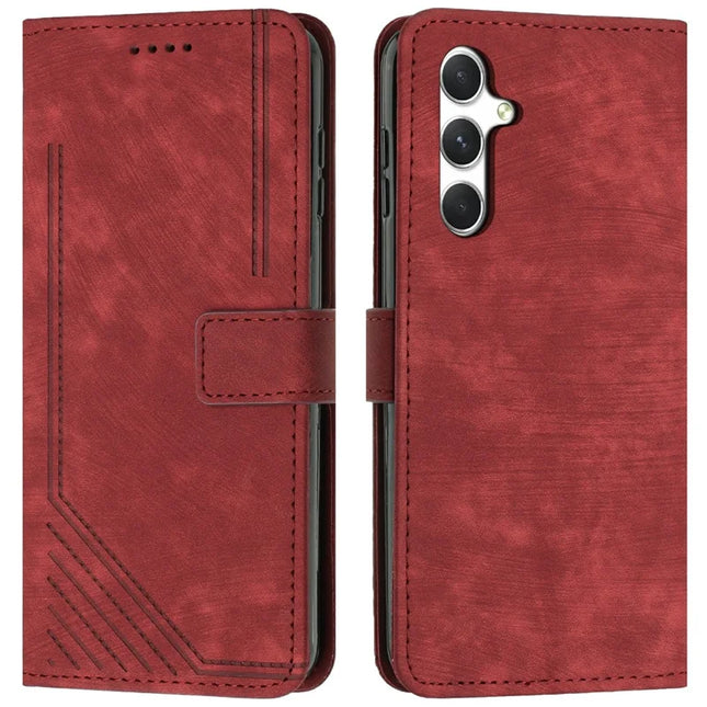 For Samsung Galaxy A36 5G Case Imprinted Lines Leather Phone Cover Folding Stand - Red