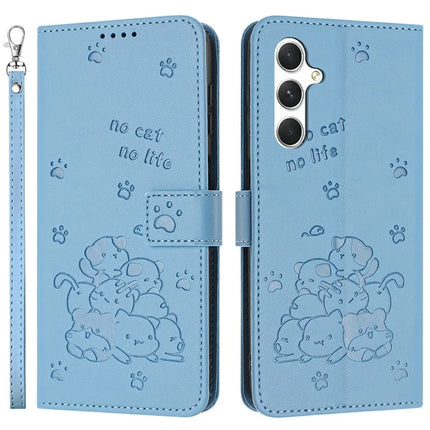 For Samsung Galaxy A36 5G Case with Strap Cats Imprint Leather Wallet Phone Cover - Blue
