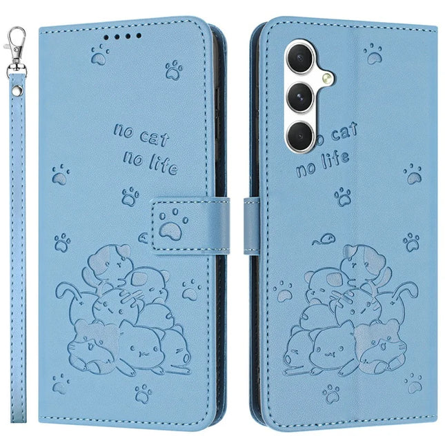 For Samsung Galaxy A36 5G Case with Strap Cats Imprint Leather Wallet Phone Cover - Blue