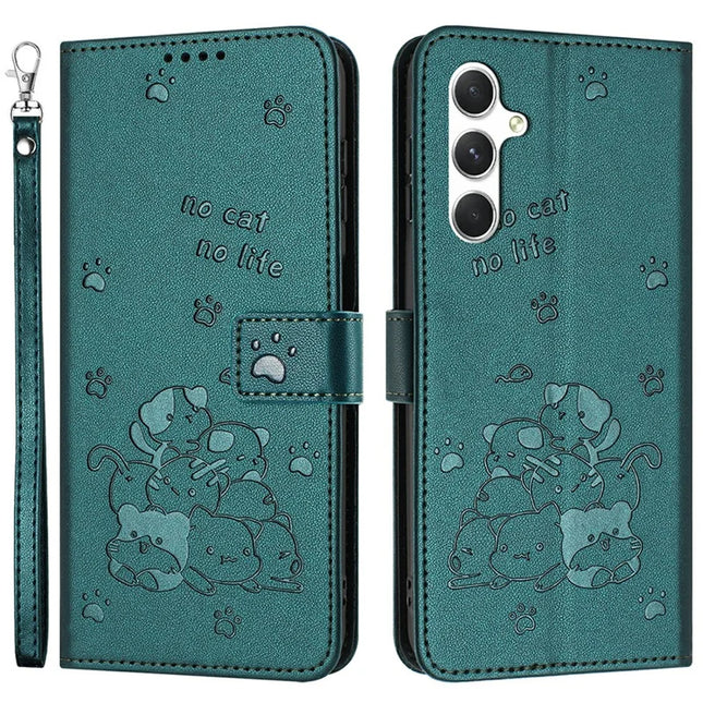For Samsung Galaxy A36 5G Case with Strap Cats Imprint Leather Wallet Phone Cover - Blackish Green