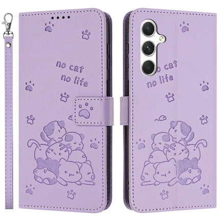 For Samsung Galaxy A36 5G Case with Strap Cats Imprint Leather Wallet Phone Cover - Purple