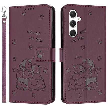 For Samsung Galaxy A36 5G Case with Strap Cats Imprint Leather Wallet Phone Cover - Wine Red