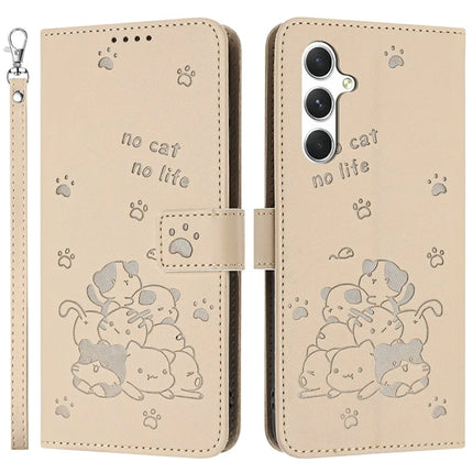 For Samsung Galaxy A36 5G Case with Strap Cats Imprint Leather Wallet Phone Cover - Beige