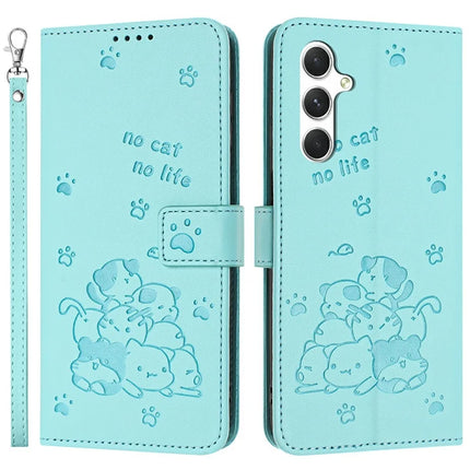 For Samsung Galaxy A36 5G Case with Strap Cats Imprint Leather Wallet Phone Cover - Green