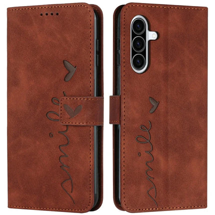 For Samsung Galaxy A36 5G Case Viewing Stand PU Leather Phone Cover Imprinted Heart Pattern - Brown