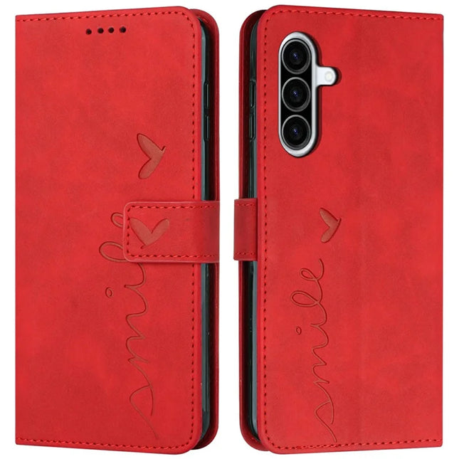 For Samsung Galaxy A36 5G Case Viewing Stand PU Leather Phone Cover Imprinted Heart Pattern - Red