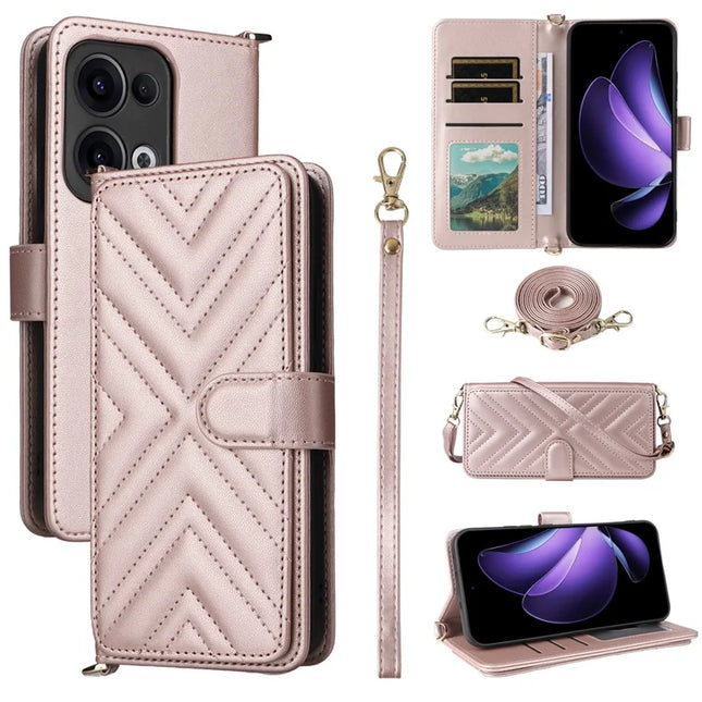 For Oppo Reno13 5G (Global) Wallet Case with Shoulder Strap Leather Phone Cover - Pink